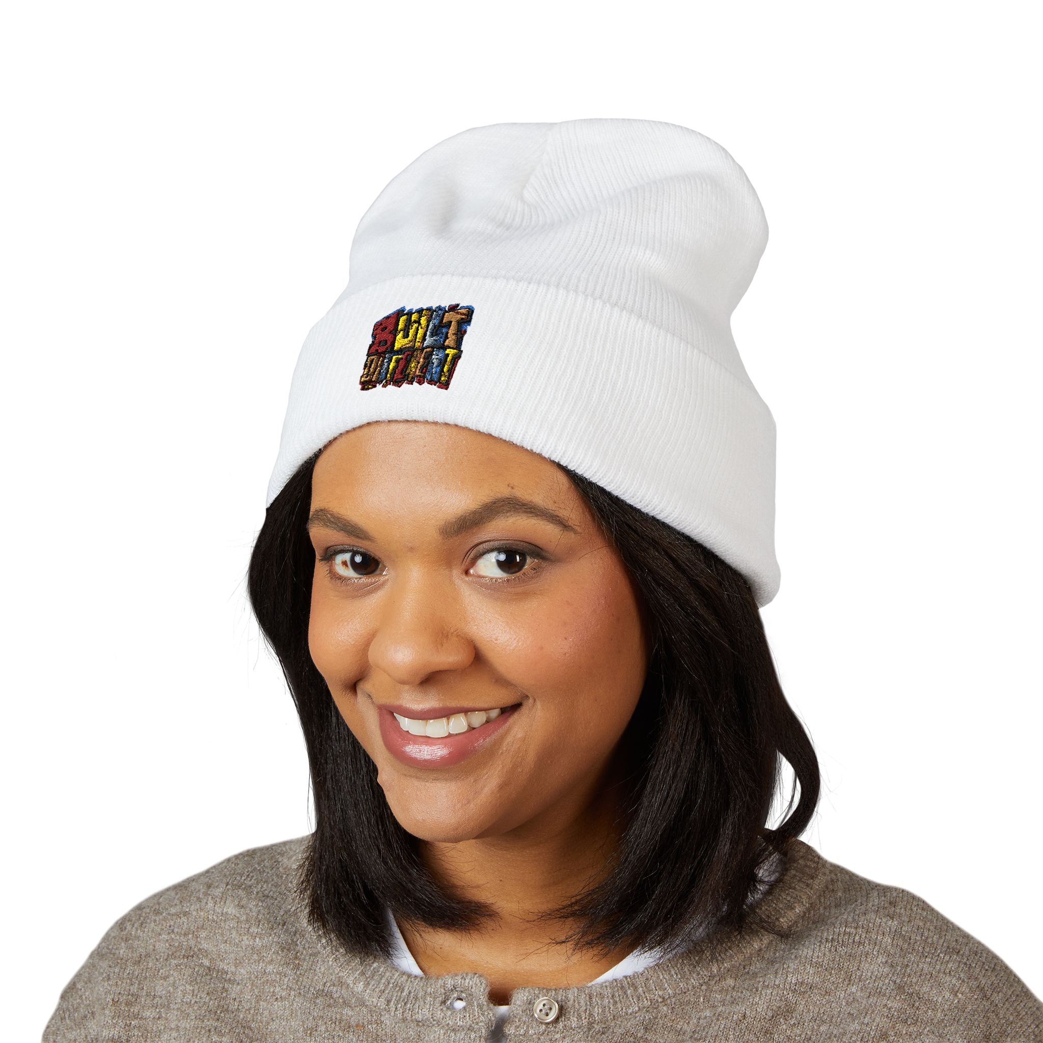 Embroidered Color Block Cuffed Beanie — Cozy Winter Hat
