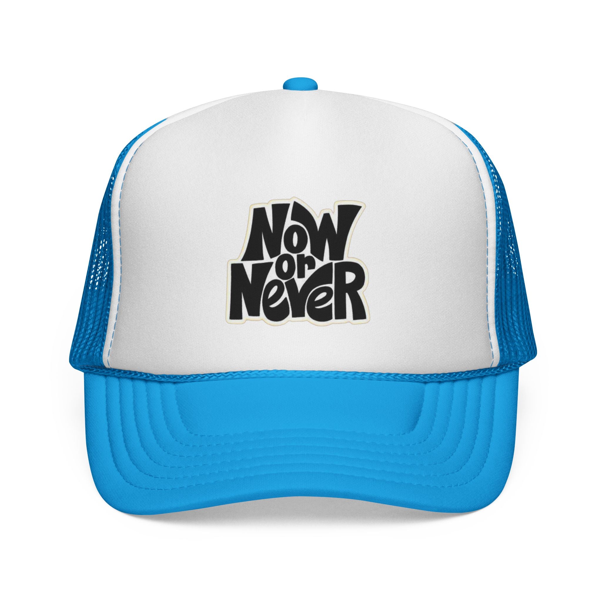 Now or Never Trucker Cap — Retro Bold Typography Mesh Hat for Motivation & Everyday Wear
