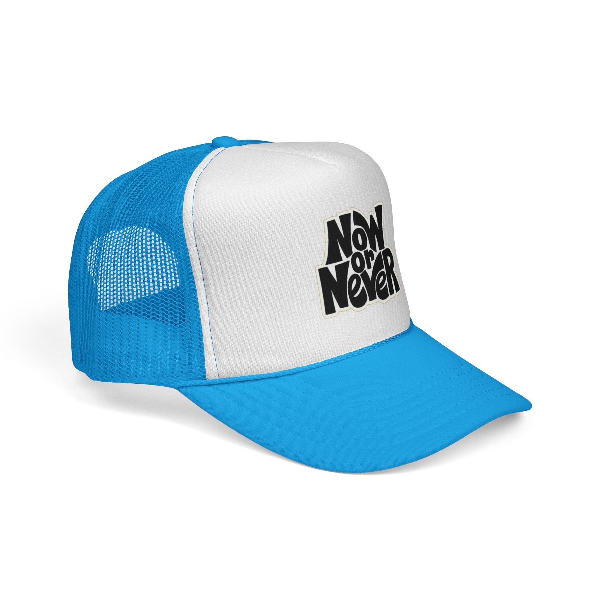 Now or Never Trucker Cap — Retro Bold Typography Mesh Hat for Motivation & Everyday Wear