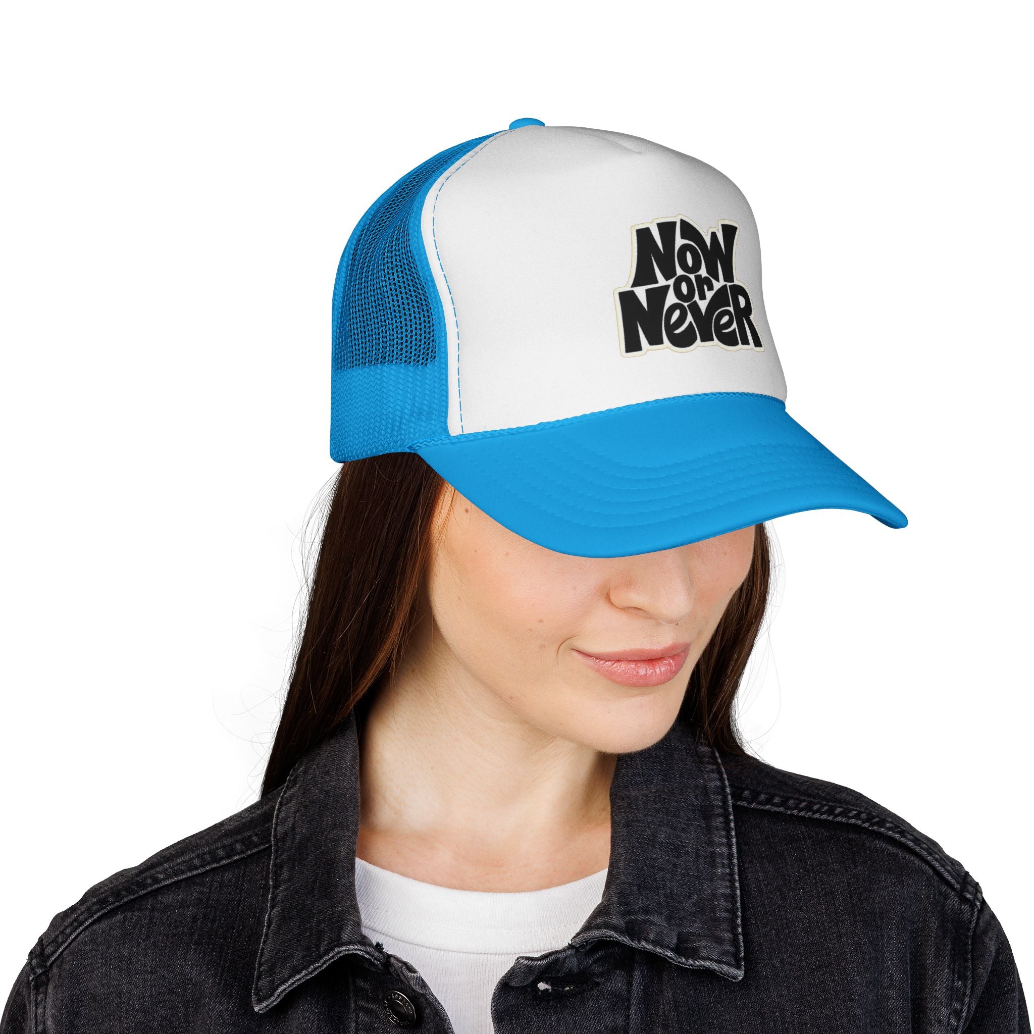 Now or Never Trucker Cap — Retro Bold Typography Mesh Hat for Motivation & Everyday Wear