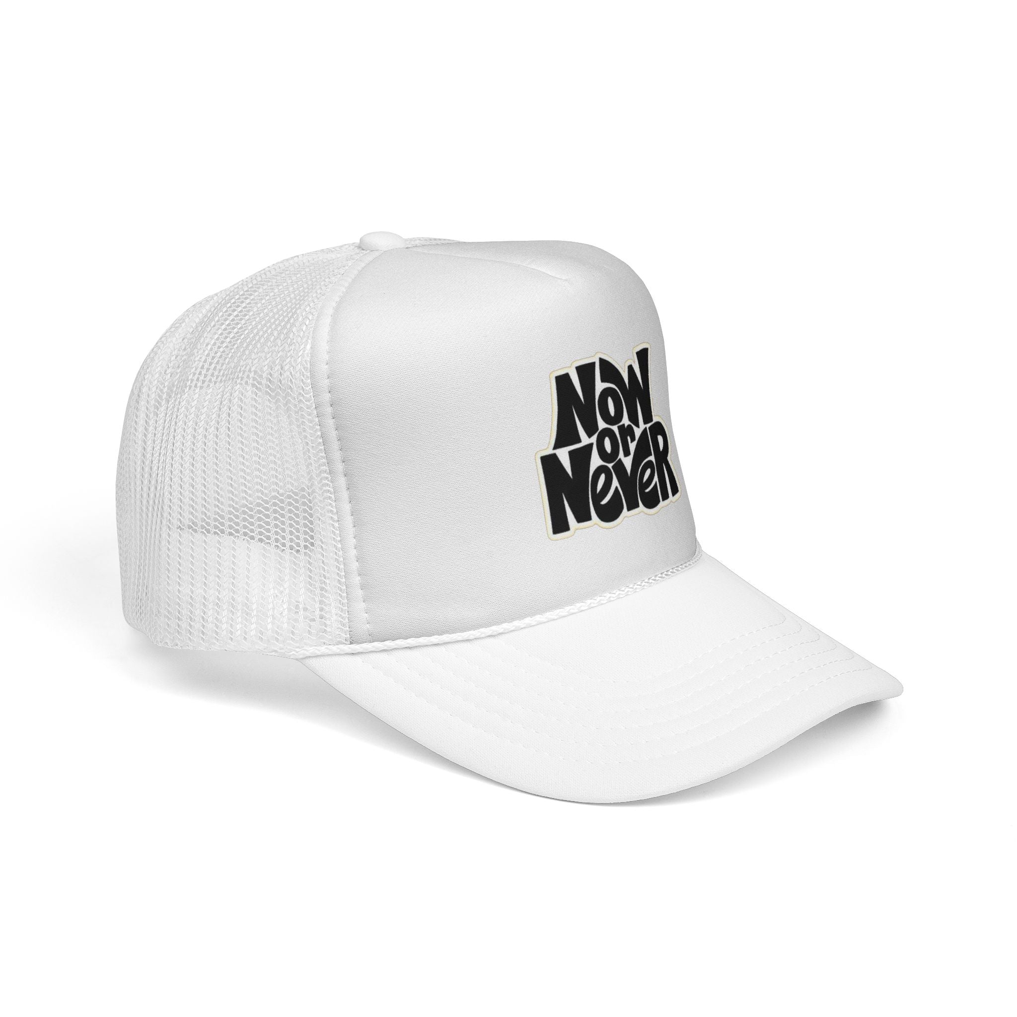 Now or Never Trucker Cap — Retro Bold Typography Mesh Hat for Motivation & Everyday Wear