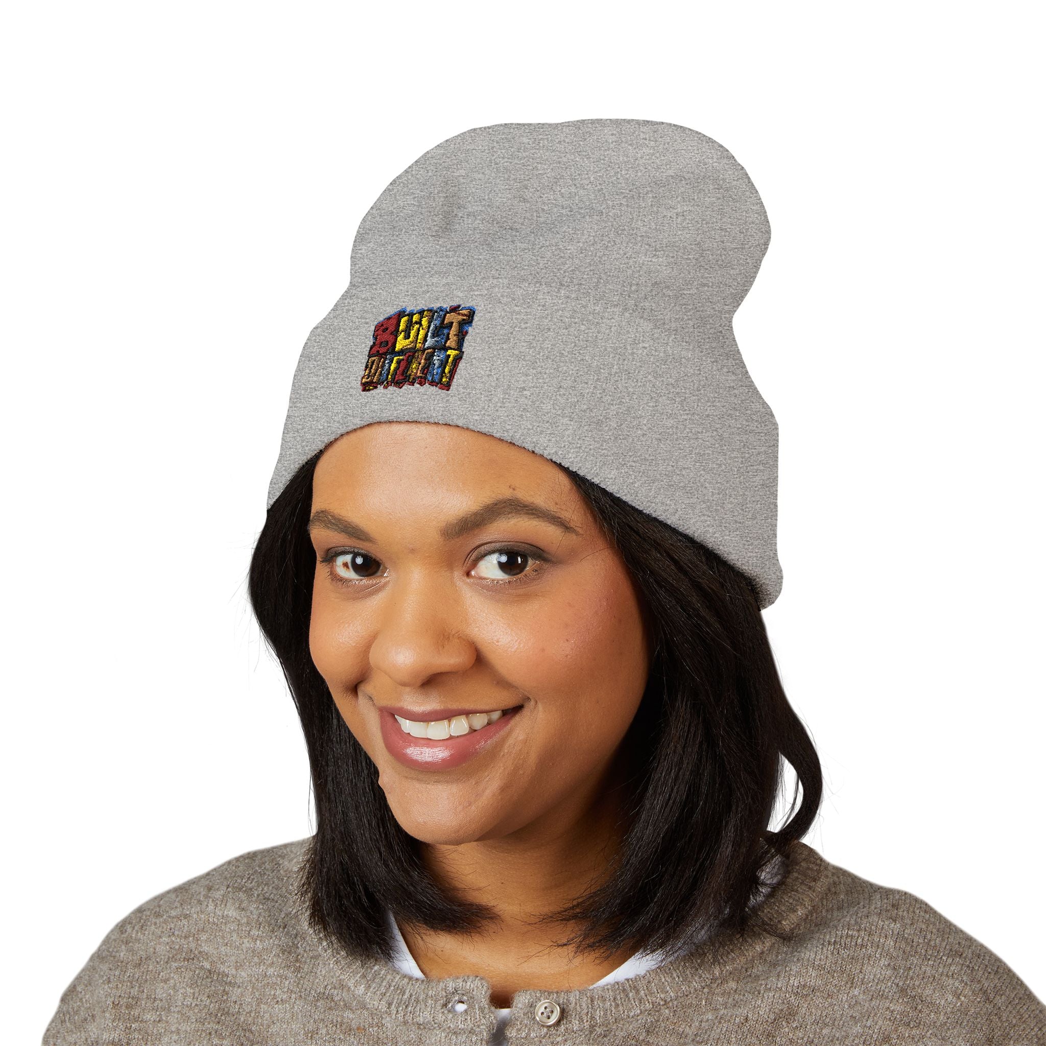 Embroidered Color Block Cuffed Beanie — Cozy Winter Hat