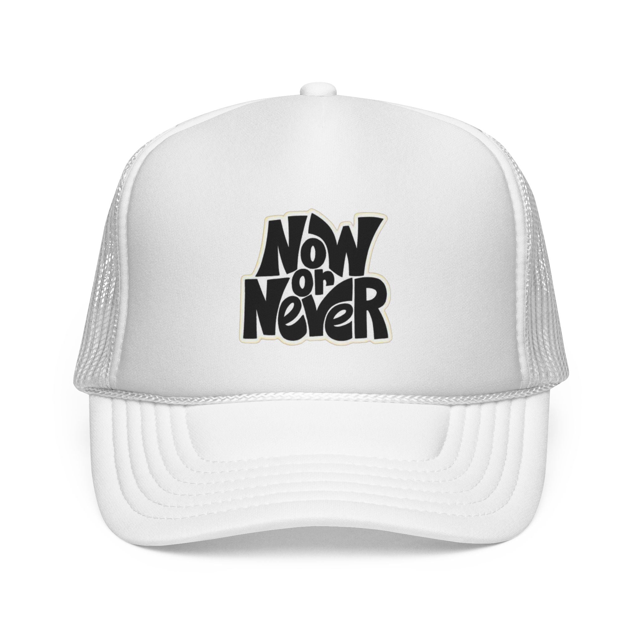 Now or Never Trucker Cap — Retro Bold Typography Mesh Hat for Motivation & Everyday Wear