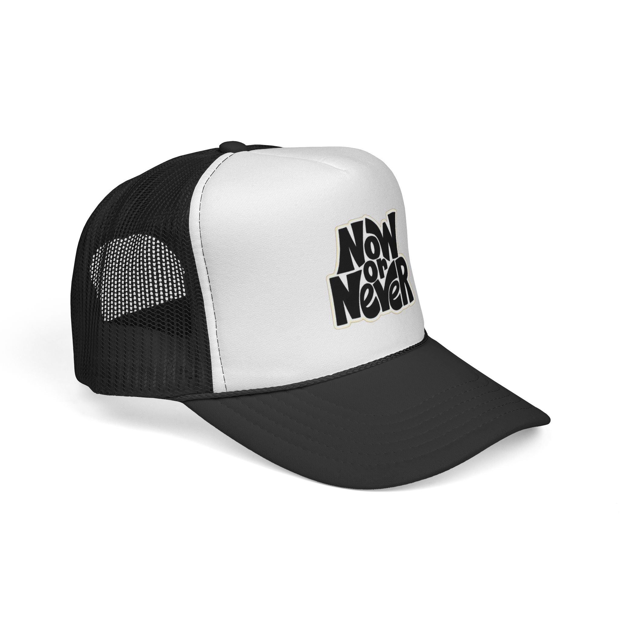 Now or Never Trucker Cap — Retro Bold Typography Mesh Hat for Motivation & Everyday Wear