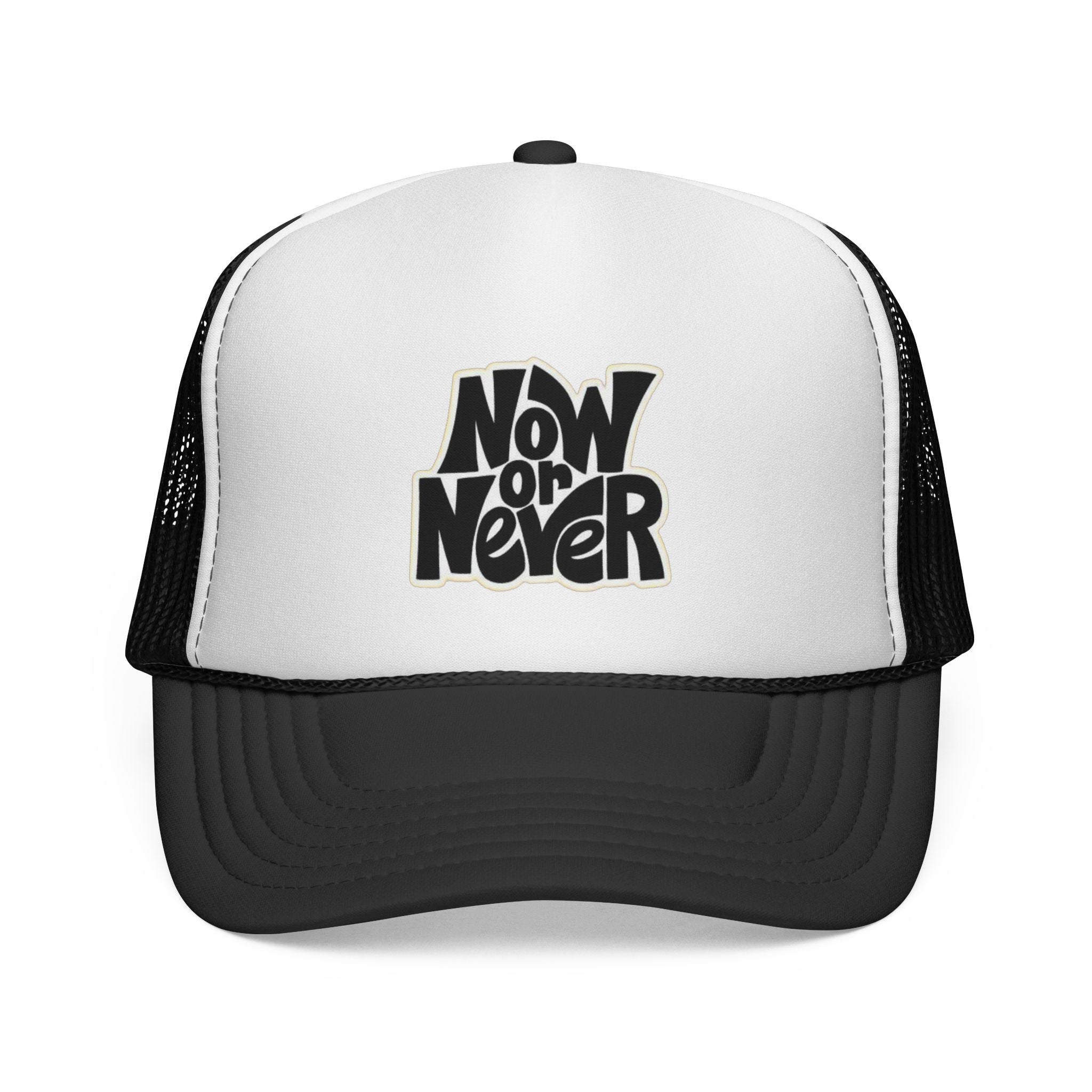 Now or Never Trucker Cap — Retro Bold Typography Mesh Hat for Motivation & Everyday Wear