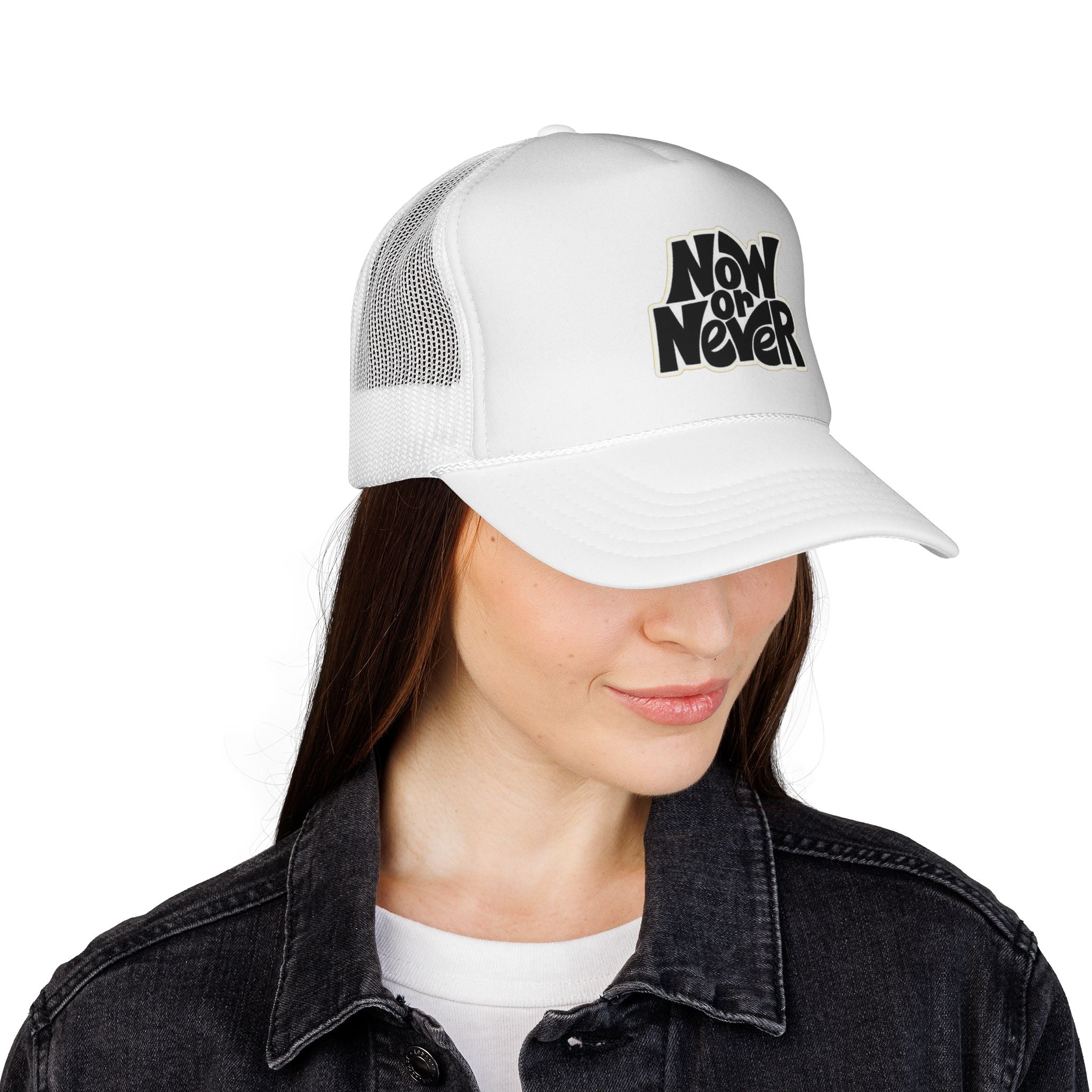 Now or Never Trucker Cap — Retro Bold Typography Mesh Hat for Motivation & Everyday Wear