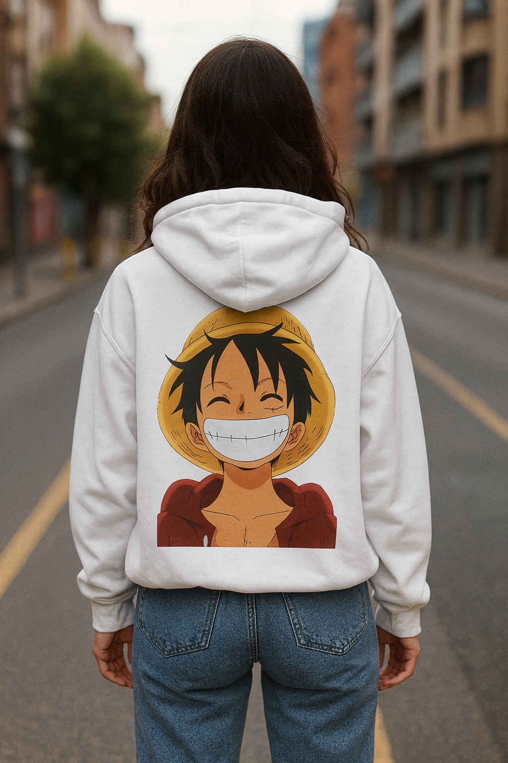 Graphic Hoodie — Smiling Straw Hat Character Print