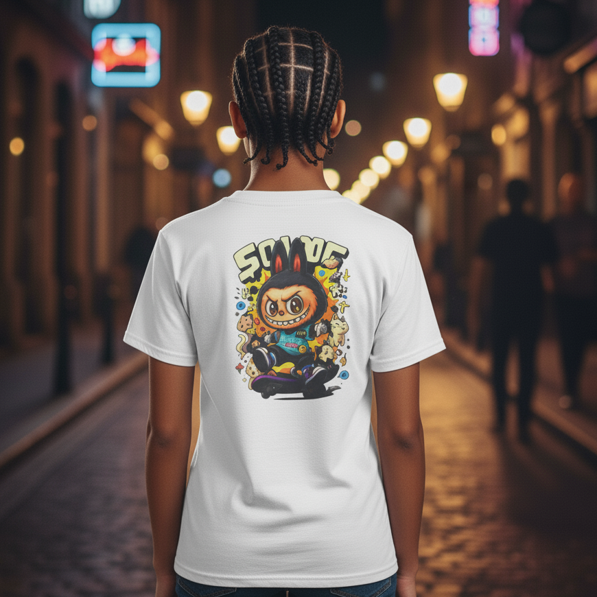 Person wearing a white t-shirt with a colorful graphic design on the back, standing on a street at night.