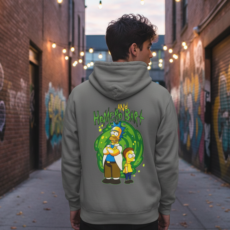 Person wearing a hoodie with 'And Home to Bark' design in an alleyway with graffiti.