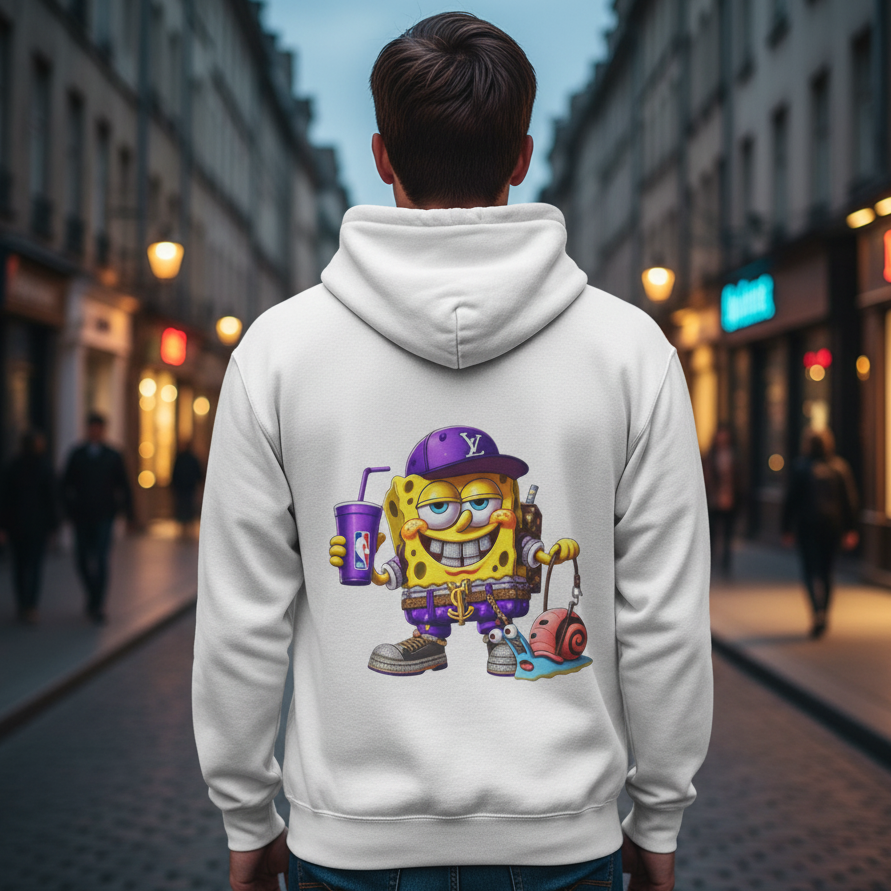 Person wearing a hoodie with a cartoon character on the back in an urban street setting