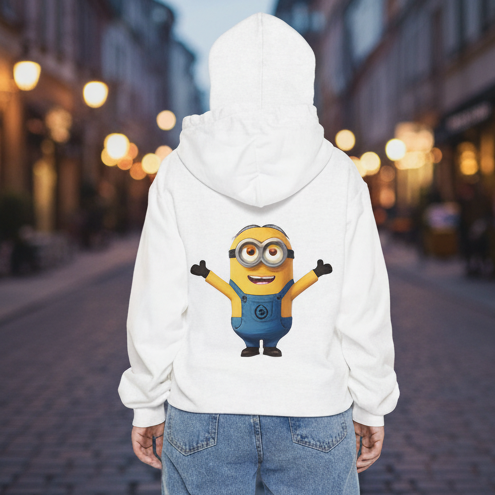White hoodie with cartoon character prints on a person in an urban setting