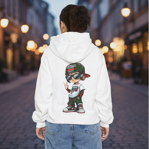 White hoodie with cartoon character prints on a person in an urban setting