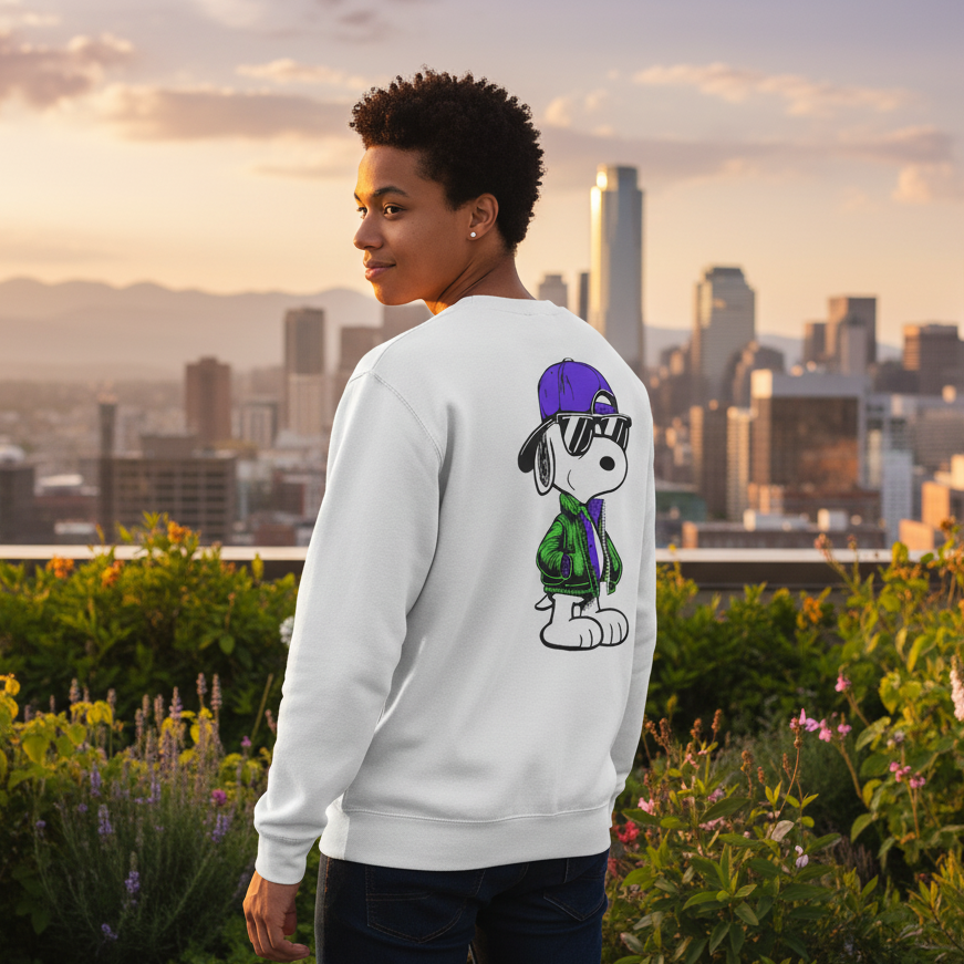 Person wearing a white sweatshirt with a graphic of a dog and a purple hat, standing in front of a city skyline at sunset.