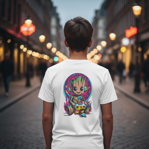 Person wearing a white t-shirt with a colorful graphic on the back, standing on a street with blurred lights in the background.