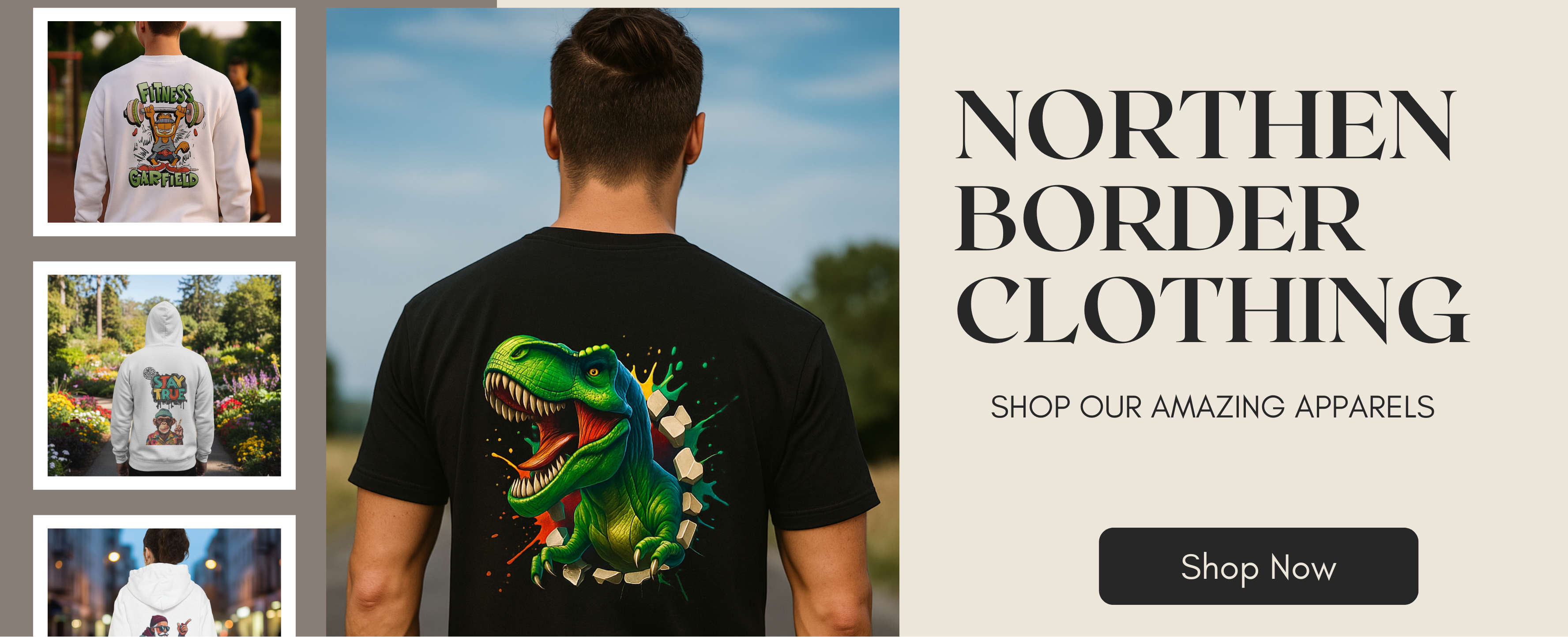 Person wearing a black t-shirt with a dinosaur graphic, surrounded by promotional images of other clothing items, on a beige background with 'Northern Border Clothing' text.